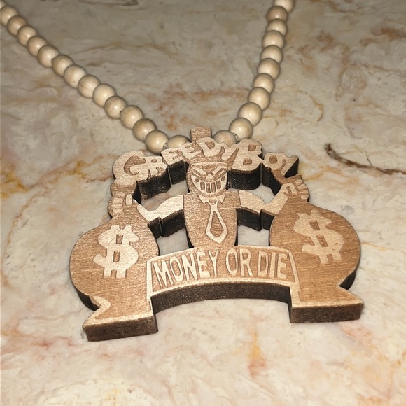 Greedy Boy “Money Or Die” Money Bandit With Bags Wooden Beaded Necklace - Picture 2 of 3